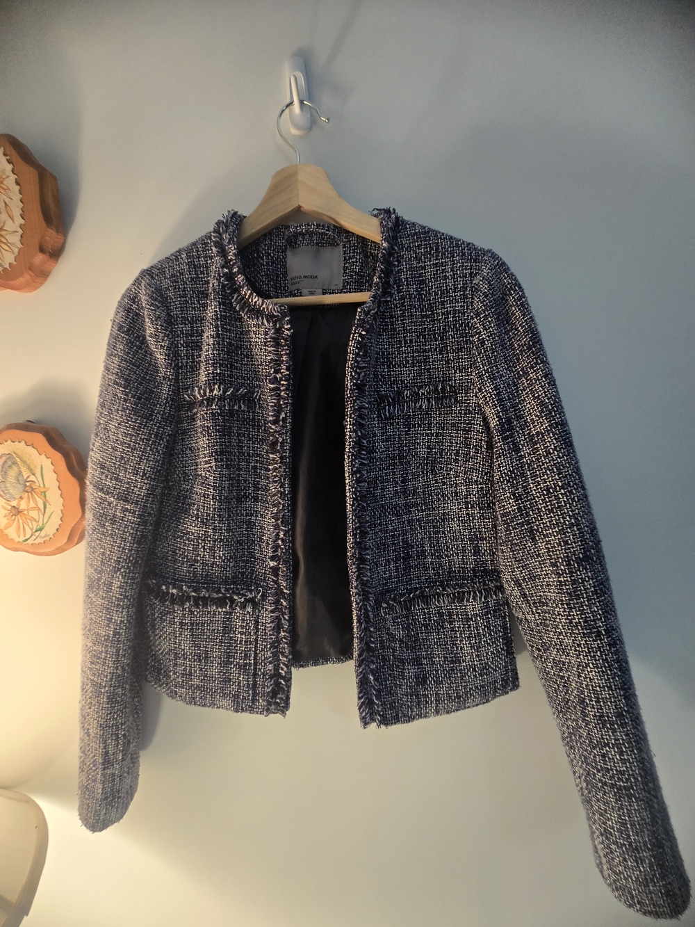 Dynamite Navy Tweed Frayed-Trim Blazer